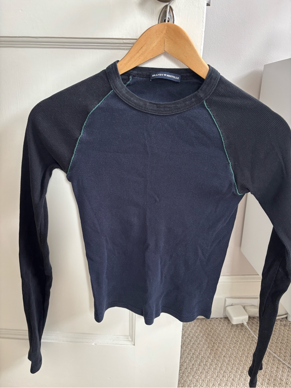Brandy Melville Navy Thermal Top with Green Contrast Stitching